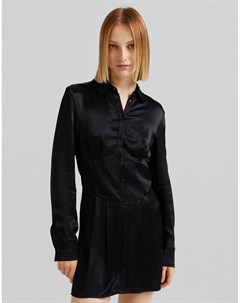 Черное атласное платье рубашка в корсетном стиле Bershka