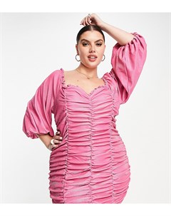 Эксклюзивное блестящее платье мини розового цвета со сборками и объемными рукавами Collective the label curve