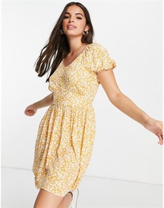 Желтое летнее платье с цветочным принтом короткими рукавами и расклешенной юбкой Milla Pieces