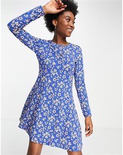 Ярко синее платье мини с расклешенной юбкой длинными рукавами и цветочным принтом Flora Pieces