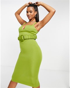 Зеленое платье миди без рукавов с чашечками и сборками на поясе Asos design