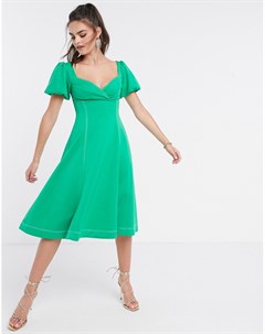Зеленое платье миди для выпускного с пышными рукавами Asos design
