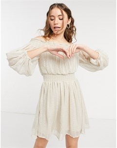 Кремовое платье мини в однотонную полоску с открытыми плечами и пышным рукавом на манжете Asos design