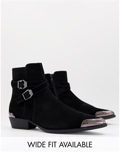 Черные ботинки челси из искусственной замши в стиле вестерн на прямом каблуке и с пряжкой Asos design
