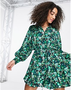 Зеленое платье рубашка мини с цветочным принтом в стиле гранж Topshop