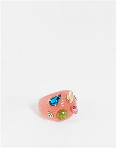 Ребристое полимерное кольцо розового цвета со стразами Designb london