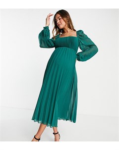 Платье миди темно зеленого цвета с расклешенной юбкой плиссировкой и квадратным вырезом ASOS DESIGN  Asos maternity