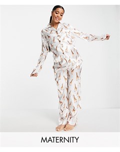 Атласный пижамный комплект из брюк и топа с принтом жирафов Maternity Night