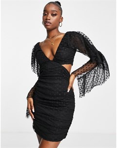 Черное платье мини из сетки добби с длинными рукавами оборками и вырезом Asos design
