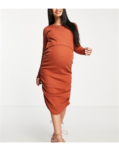 Оранжевое трикотажное платье миди со сборками для беременных Mamalicious Maternity