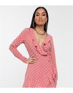 Розовое чайное платье в горошек с запахом и длинными рукавами Missguided petite