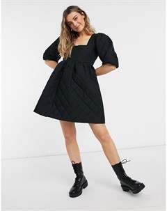 Черное стеганое платье мини с присборенной юбкой объемными рукавами и квадратным вырезом Asos design