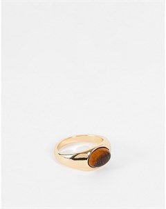 Золотистое узкое кольцо печатка с овальным камнем тигровый глаз Asos design