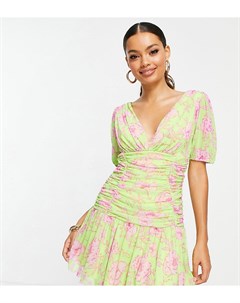 Эксклюзивное платье мини ярко лаймового цвета с глубоким вырезом объемными рукавами сборками и цвето Asos petite