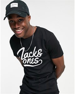 Черная футболка с большим логотипом подписью Jack & jones