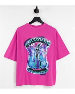Розовая oversized футболка из ткани пике с принтом скелета Unisex Collusion