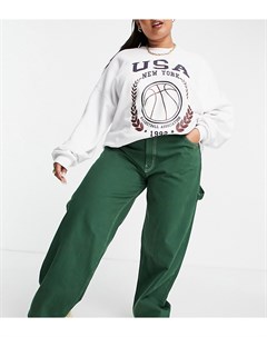 Oversized джинсы темно зеленого цвета в скейтерском стиле с классической талией и контрастной белой  Asos curve
