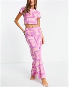 Розовый пижамный комплект с широкими брюками и футболкой с принтом волн Asos design