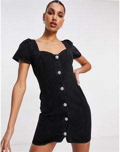 Черное выбеленное платье рубашка из денима с застежкой на пуговицах со стразами Asos design