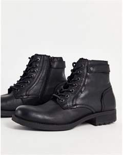 Черные кожаные высокие ботинки на шнуровке и с ремешком Jack & jones