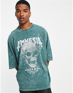 Зеленая oversized футболка с эффектом кислотной стирки и принтом черепа Asos design