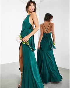 Зеленое атласное платье макси с квадратным вырезом и боковым разрезом Asos edition