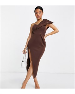 Платье миди на одно плечо шоколадного цвета со швами на лифе и разрезом до бедра ASOS DESIGN Petite Asos petite