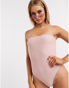 Розовый слитный купальник бандо с завязкой на спине Missguided