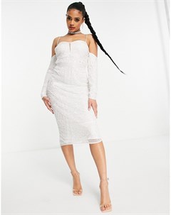 Белое платье футляр миди с открытыми плечами и отделкой пайетками Asos design