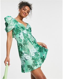 Зеленое чайное платье мини на пуговицах с драпировкой на плечах и цветочным принтом Asos design