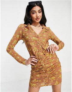 Платье рубашка мини горчичного цвета с цветочным принтом и сборками Asos design