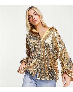 Эксклюзивная oversized рубашка с отделкой пайетками золотистого цвета In the style