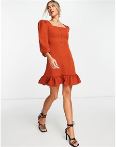 Платье мини кирпичного цвета с оборкой и длинными рукавами Trendyol