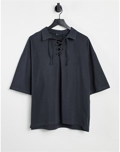 Выбеленная черная рубашка поло в стиле oversized с рукавами до локтя и шнуровкой на вороте Asos design