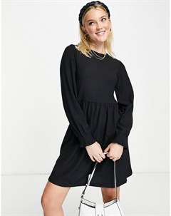 Черное платье мини из трикотажа с длинными рукавами и присборенной юбкой New look