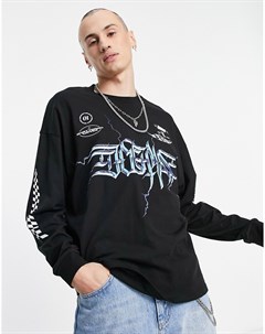 Oversized лонгслив черного цвета с геймерским рисунком и принтом на рукавах Asos design