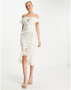 Платье миди кремового цвета с открытыми плечами застежкой на пуговицах спереди и оборками Asos design