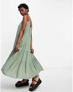 Воздушное премиум платье макси из смесовых переработанных материалов шалфейно зеленого цвета Topshop