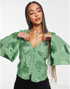 Зеленая жаккардовая блузка на пуговицах с расклешенными рукавами Topshop