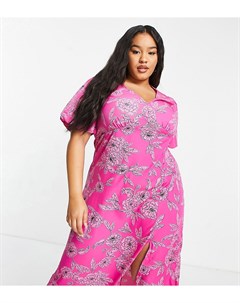 Розовое приталенное платье миди со свободной юбкой и цветочным принтом Simply be