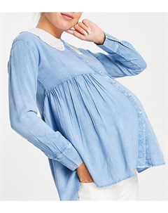 Рубашка из ткани шамбре с баской и вышивкой на воротнике Violet romance maternity