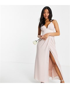 Нежно розовое платье макси для подружки невесты на бретельках с атласной кокеткой уголком на талии и Asos petite