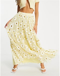Эксклюзивная ярусная юбка макси из тюля желтого цвета с аппликацией в виде маргариток с блеском Lace & beads