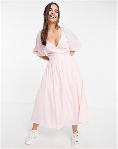 Розовое ярусное платье миди с рукавами фонариками Forever new