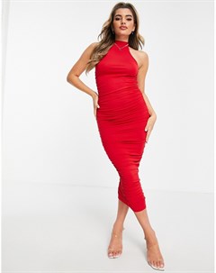 Красное платье миди со сборками и американской проймой Asos design