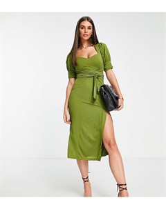 Платье миди оливкового цвета с вырезом сердечком высоким разрезом и завязывающимся на талии поясом A Asos tall