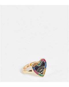 Золотистое кольцо из эмали в форме сердечка с дизайном в виде глаза и разноцветными камнями Inspired Reclaimed vintage