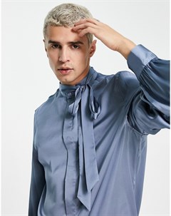 Атласная рубашка голубого цвета с завязкой на воротнике и пышными рукавами на манжетах Asos design