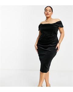Черное бархатное платье футляр миди с корсетной вставкой драпировкой и открытыми плечами ASOS DESIGN Asos curve