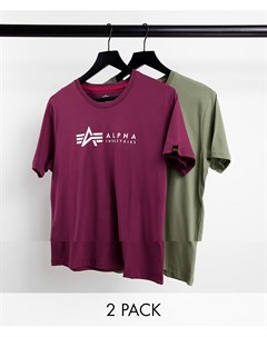 Набор из 2 футболок с логотипом оливкового и бордового цветов Alpha industries